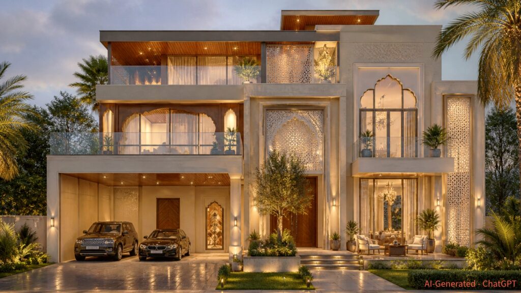 3D elevation of a modern heritage fusion house